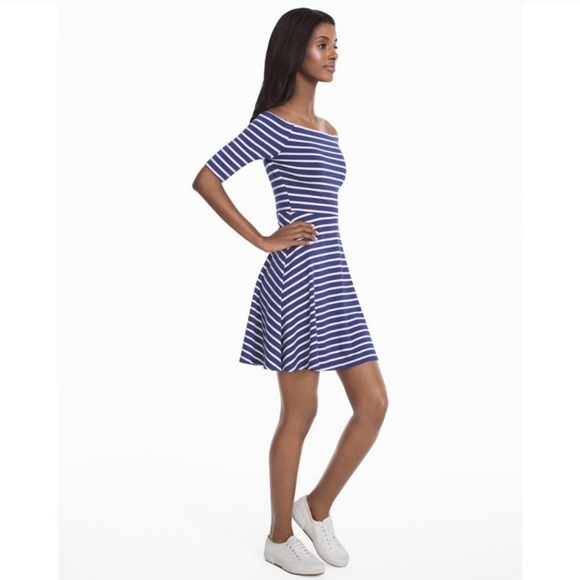 White House Black Market Off The Shoulder Striped Dress Blue White size Medium - Picture 4 of 16